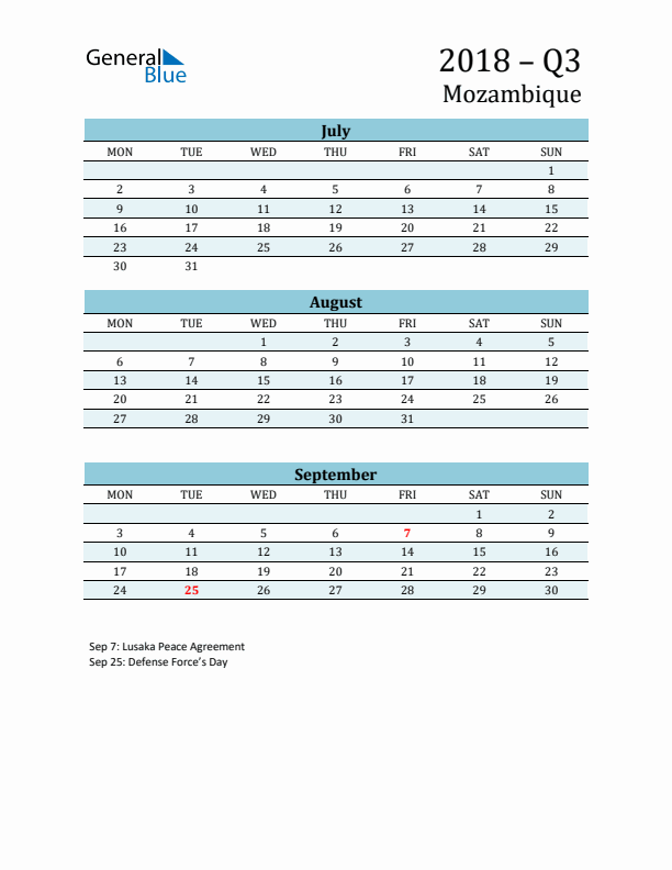 Three-Month Planner for Q3 2018 with Holidays - Mozambique