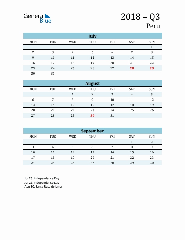 Three-Month Planner for Q3 2018 with Holidays - Peru