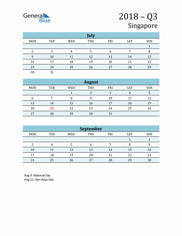 Three-Month Planner for Q3 2018 with Holidays - Singapore