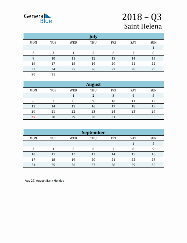 Three-Month Planner for Q3 2018 with Holidays - Saint Helena