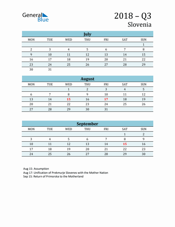 Three-Month Planner for Q3 2018 with Holidays - Slovenia