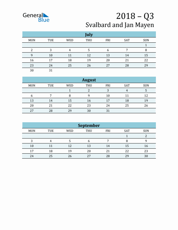 Three-Month Planner for Q3 2018 with Holidays - Svalbard and Jan Mayen