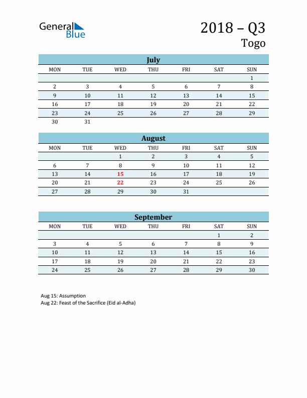 Three-Month Planner for Q3 2018 with Holidays - Togo