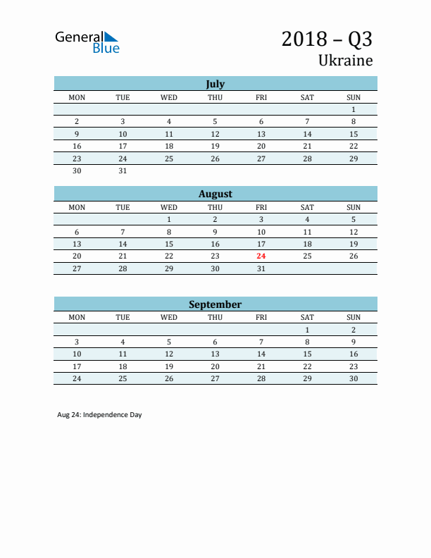 Three-Month Planner for Q3 2018 with Holidays - Ukraine