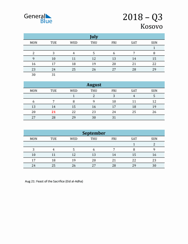 Three-Month Planner for Q3 2018 with Holidays - Kosovo