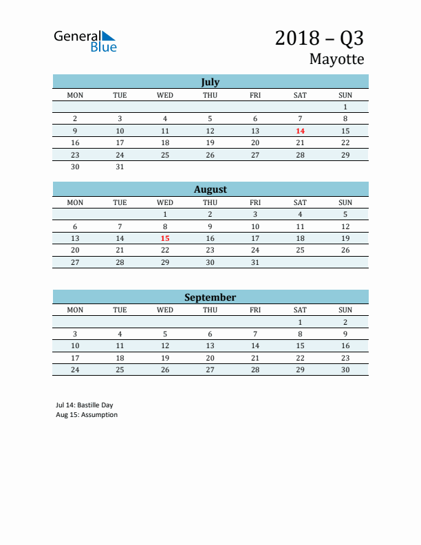 Three-Month Planner for Q3 2018 with Holidays - Mayotte