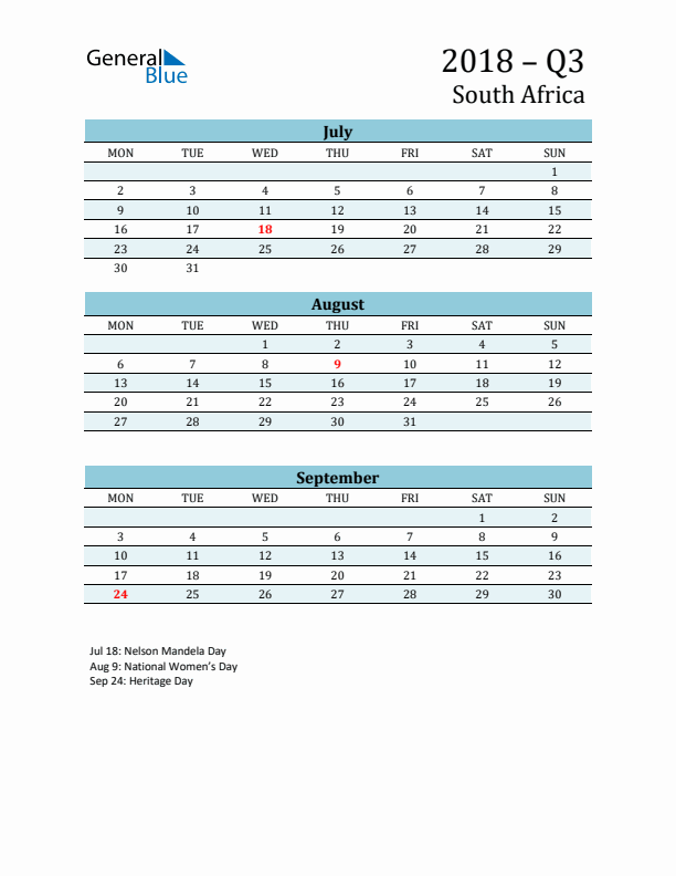 Three-Month Planner for Q3 2018 with Holidays - South Africa