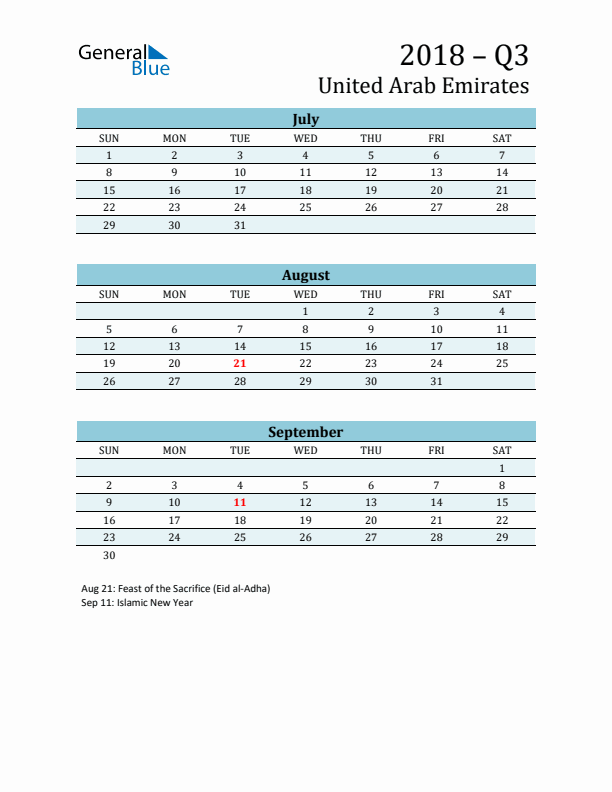 Three-Month Planner for Q3 2018 with Holidays - United Arab Emirates