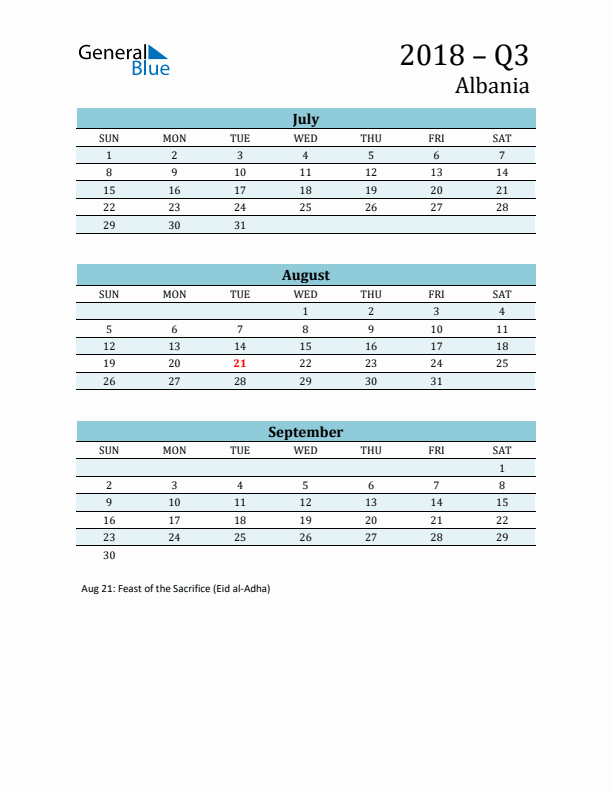 Three-Month Planner for Q3 2018 with Holidays - Albania