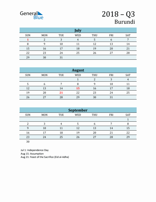 Three-Month Planner for Q3 2018 with Holidays - Burundi