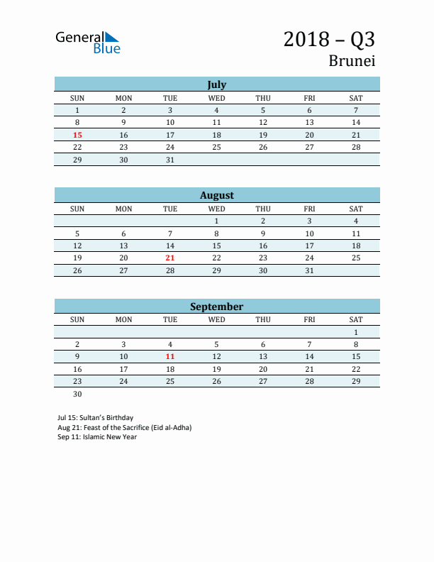 Three-Month Planner for Q3 2018 with Holidays - Brunei