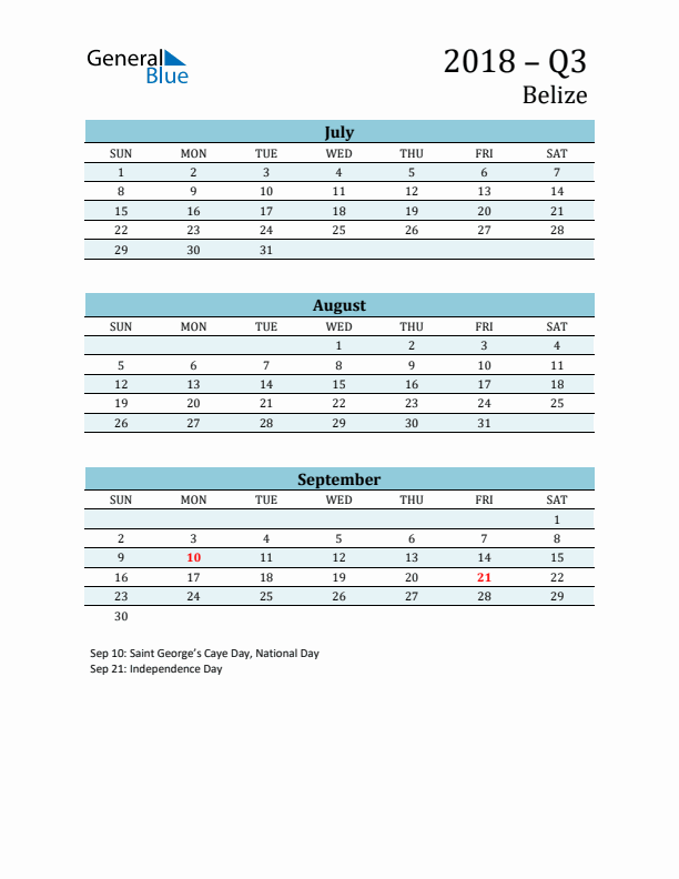 Three-Month Planner for Q3 2018 with Holidays - Belize