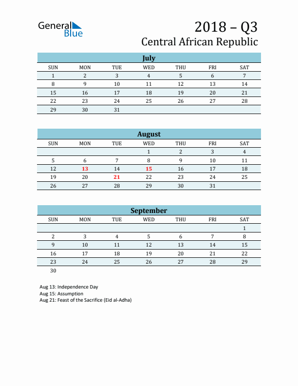 Three-Month Planner for Q3 2018 with Holidays - Central African Republic