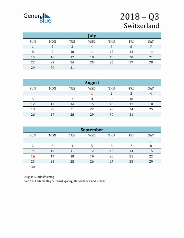 Three-Month Planner for Q3 2018 with Holidays - Switzerland