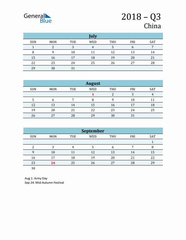 Three-Month Planner for Q3 2018 with Holidays - China