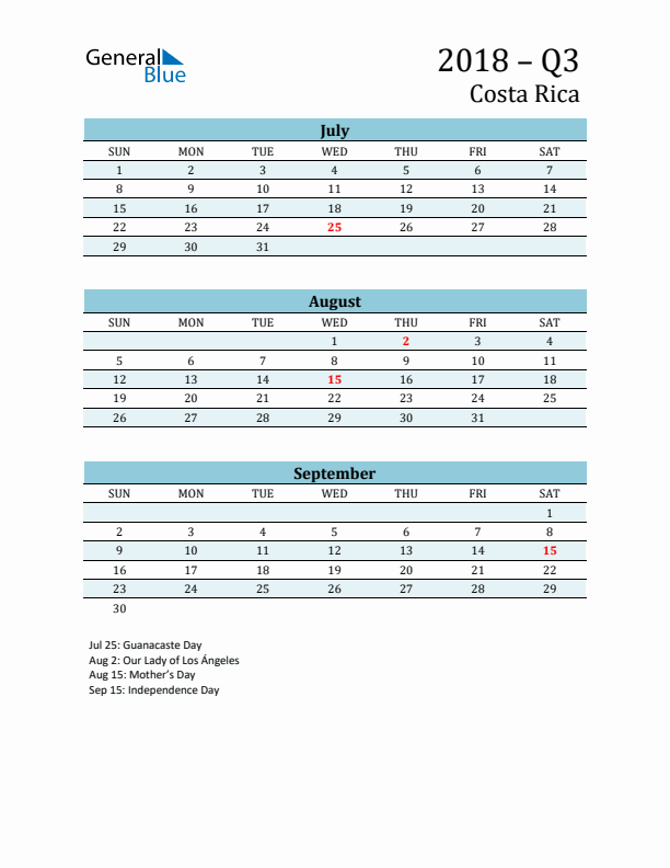 Three-Month Planner for Q3 2018 with Holidays - Costa Rica