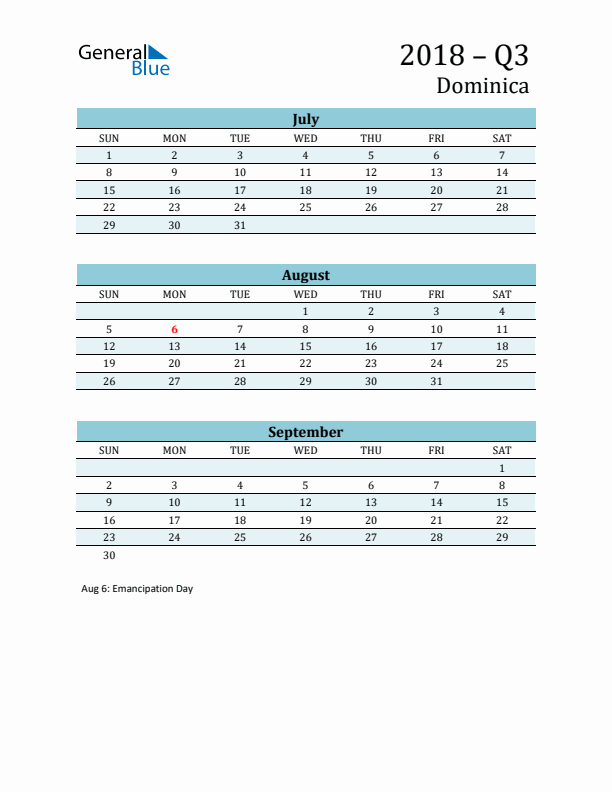 Three-Month Planner for Q3 2018 with Holidays - Dominica