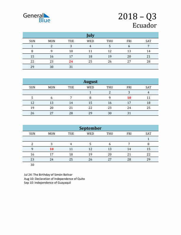 Three-Month Planner for Q3 2018 with Holidays - Ecuador