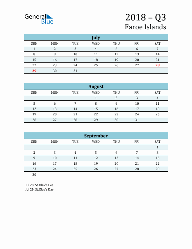 Three-Month Planner for Q3 2018 with Holidays - Faroe Islands