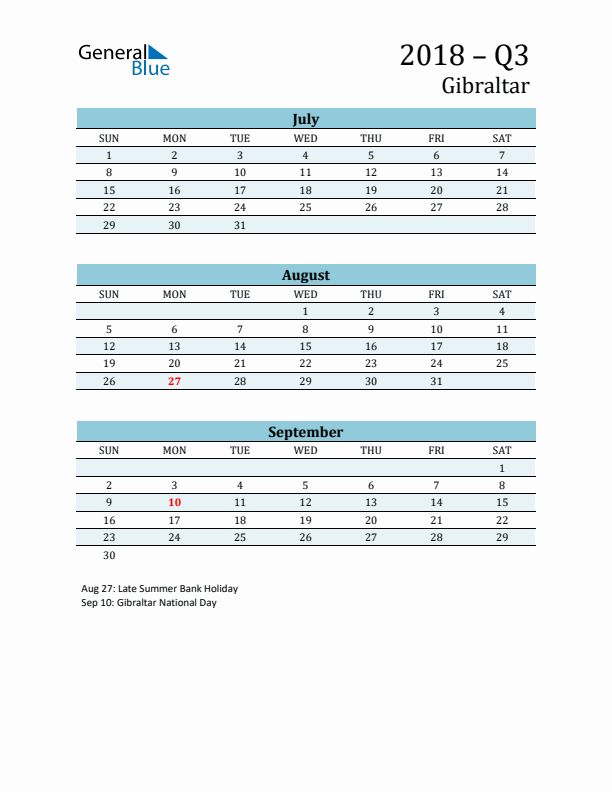 Three-Month Planner for Q3 2018 with Holidays - Gibraltar