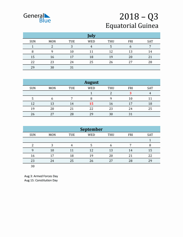 Three-Month Planner for Q3 2018 with Holidays - Equatorial Guinea