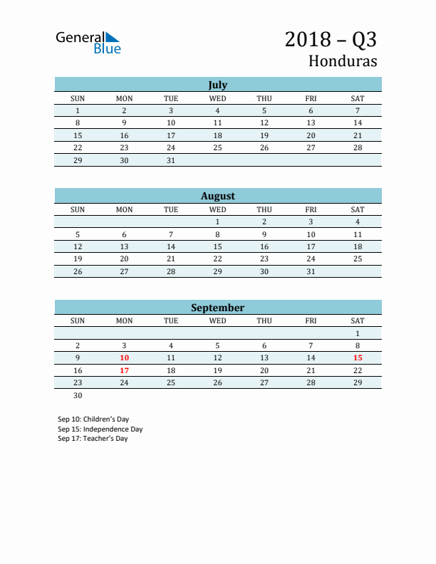 Three-Month Planner for Q3 2018 with Holidays - Honduras