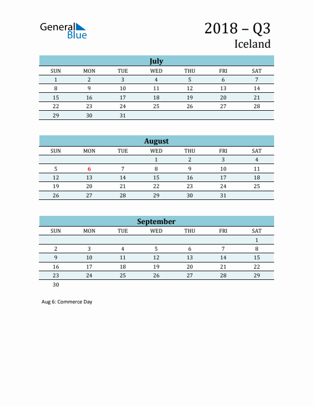 Three-Month Planner for Q3 2018 with Holidays - Iceland