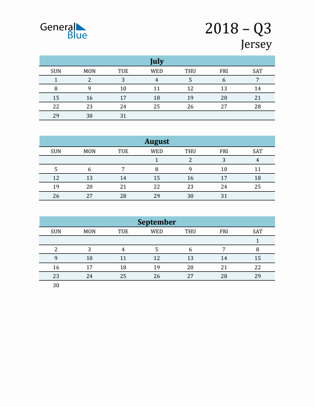 Three-Month Planner for Q3 2018 with Holidays - Jersey