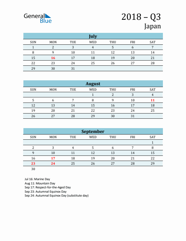 Three-Month Planner for Q3 2018 with Holidays - Japan