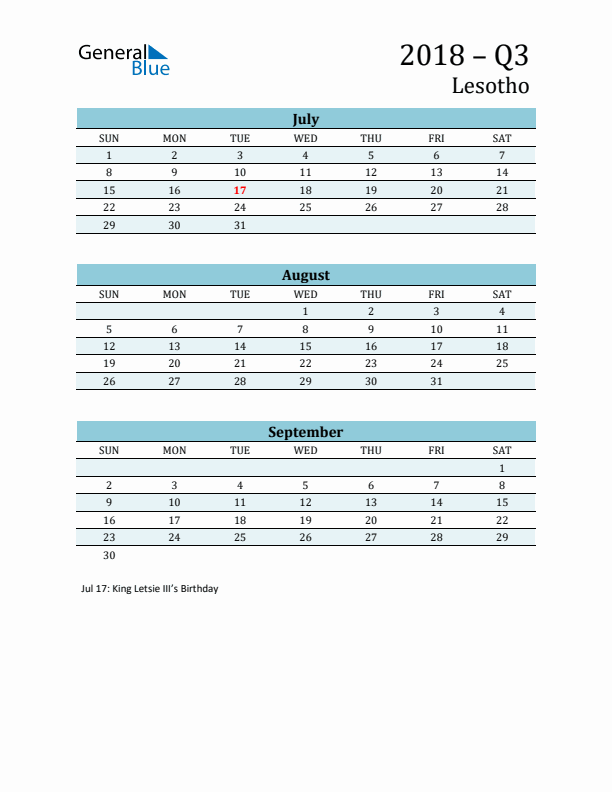 Three-Month Planner for Q3 2018 with Holidays - Lesotho