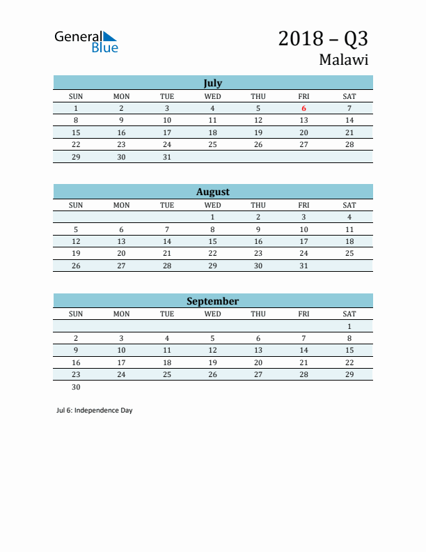 Three-Month Planner for Q3 2018 with Holidays - Malawi