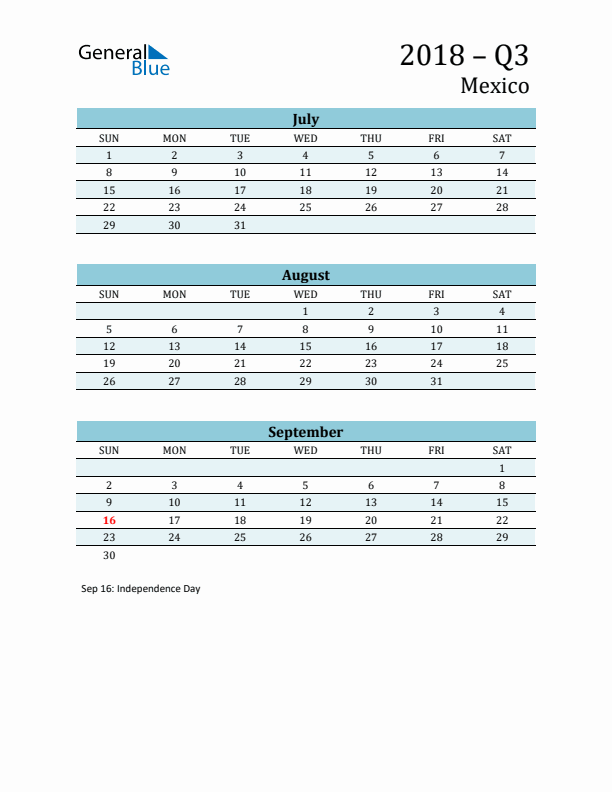 Three-Month Planner for Q3 2018 with Holidays - Mexico