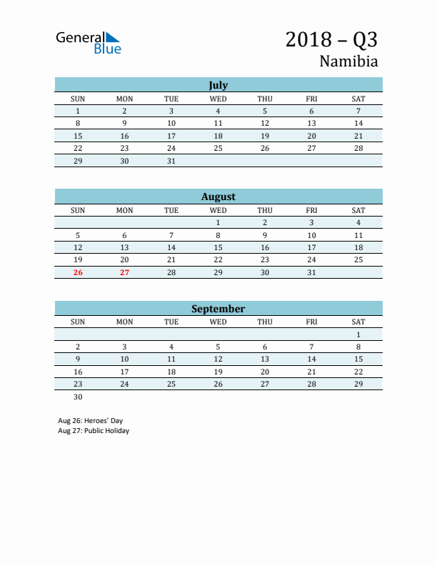 Three-Month Planner for Q3 2018 with Holidays - Namibia