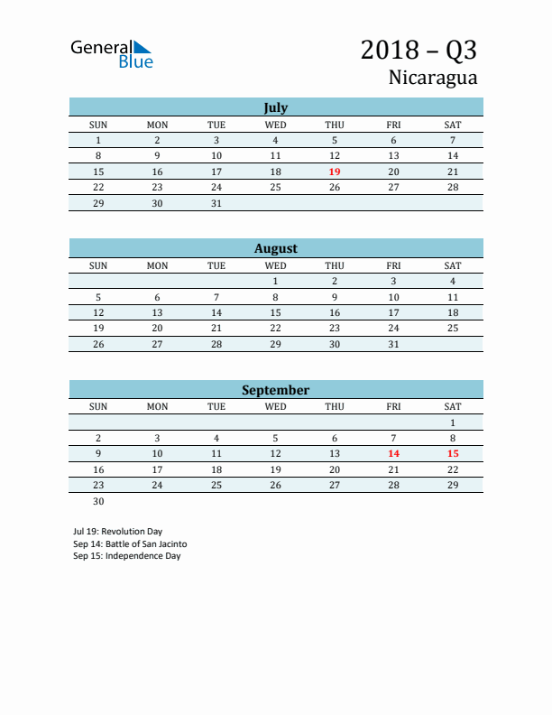 Three-Month Planner for Q3 2018 with Holidays - Nicaragua