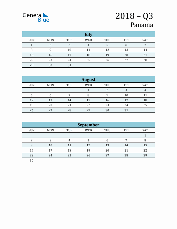 Three-Month Planner for Q3 2018 with Holidays - Panama