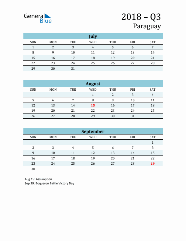 Three-Month Planner for Q3 2018 with Holidays - Paraguay