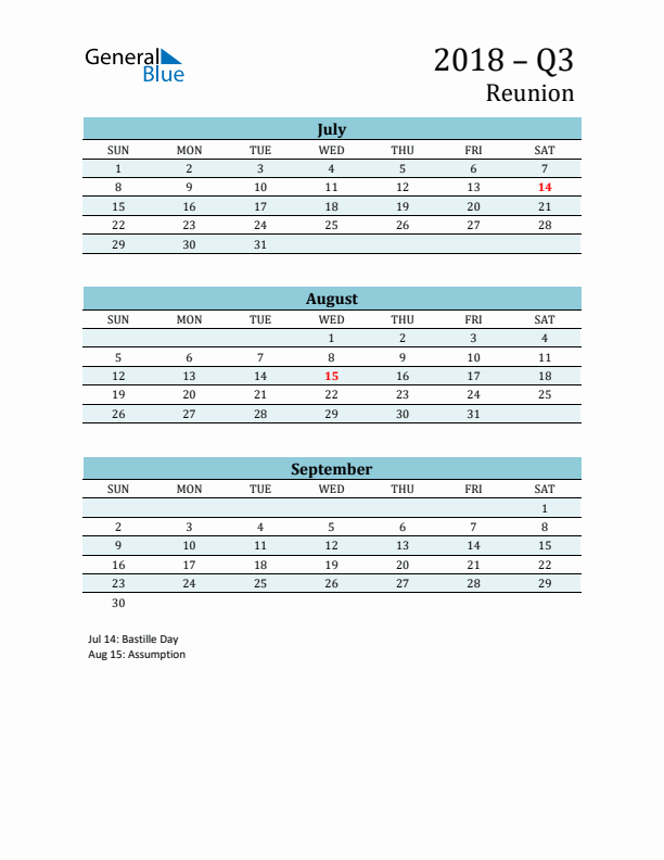 Three-Month Planner for Q3 2018 with Holidays - Reunion