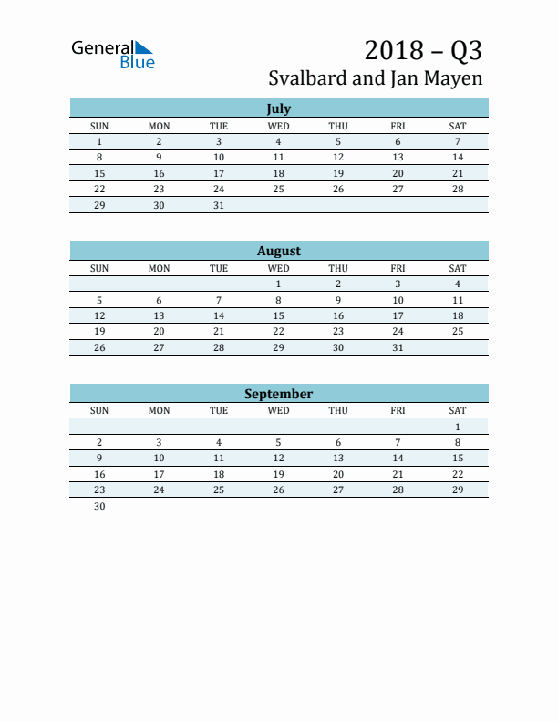 Three-Month Planner for Q3 2018 with Holidays - Svalbard and Jan Mayen