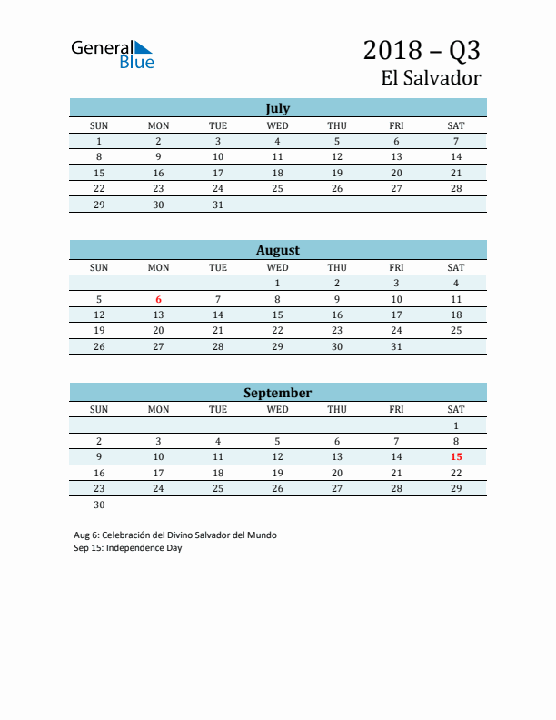 Three-Month Planner for Q3 2018 with Holidays - El Salvador