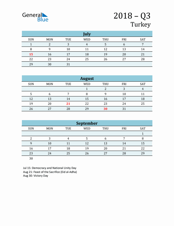 Three-Month Planner for Q3 2018 with Holidays - Turkey