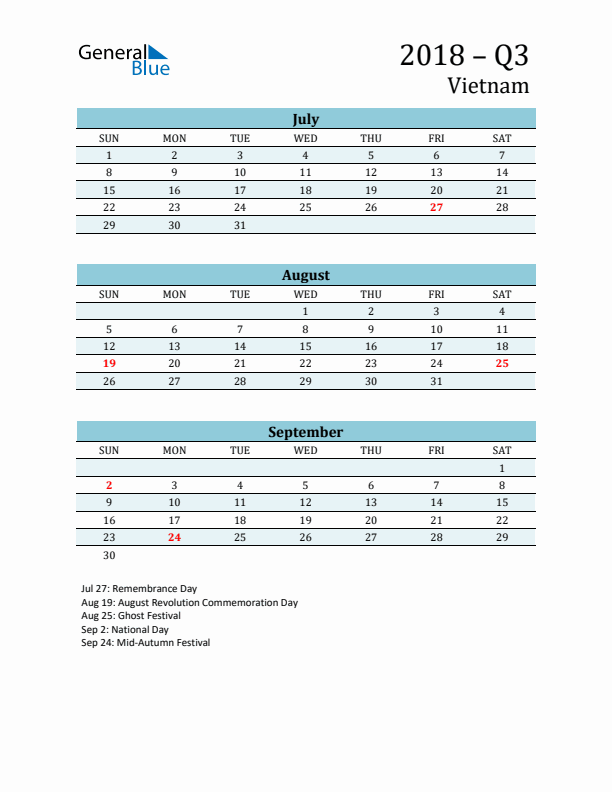 Three-Month Planner for Q3 2018 with Holidays - Vietnam