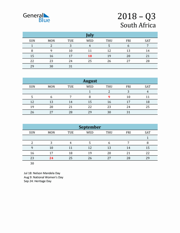 Three-Month Planner for Q3 2018 with Holidays - South Africa