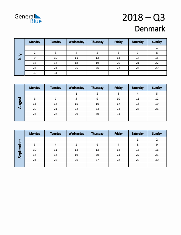 Free Q3 2018 Calendar for Denmark - Monday Start