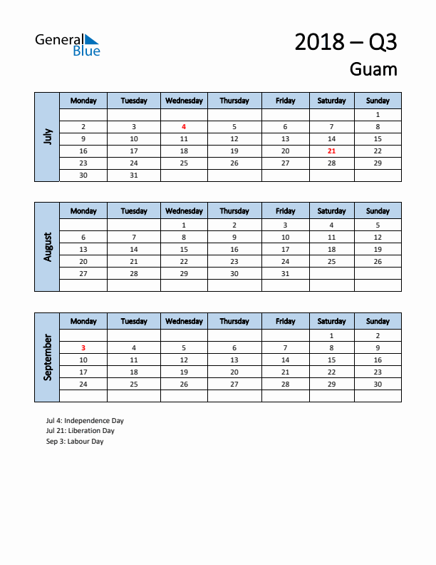 Free Q3 2018 Calendar for Guam - Monday Start