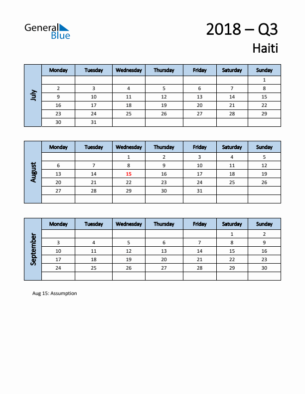 Free Q3 2018 Calendar for Haiti - Monday Start