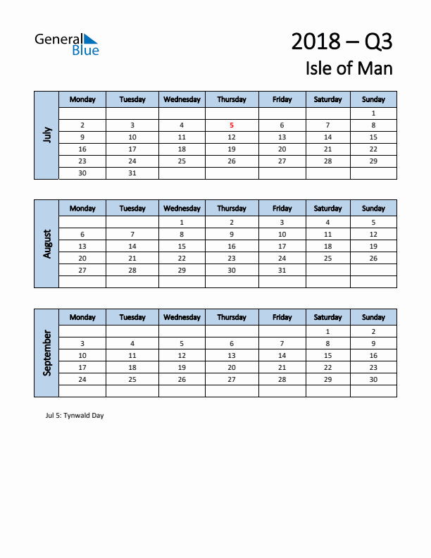 Free Q3 2018 Calendar for Isle of Man - Monday Start