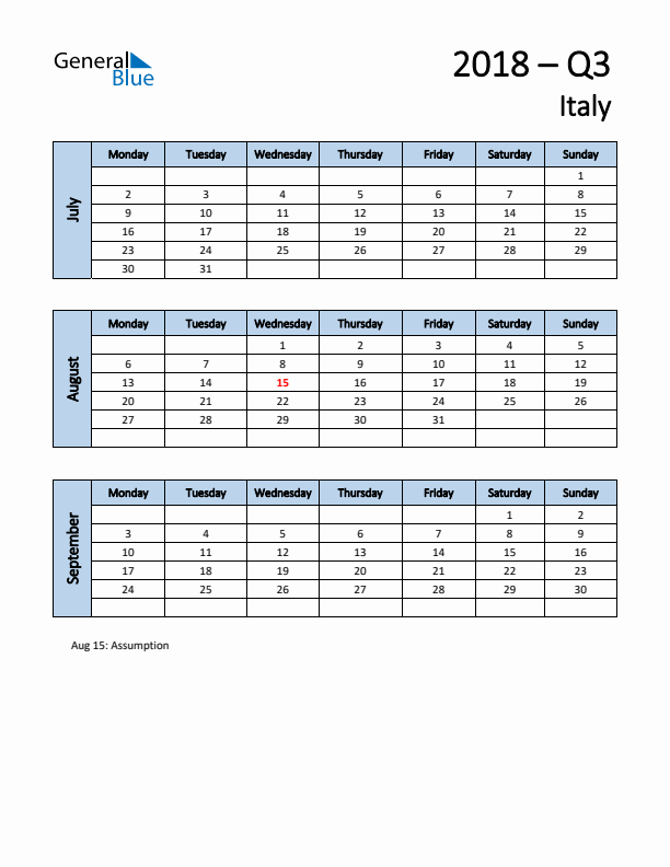 Free Q3 2018 Calendar for Italy - Monday Start