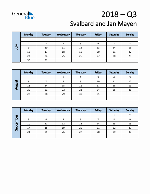 Free Q3 2018 Calendar for Svalbard and Jan Mayen - Monday Start