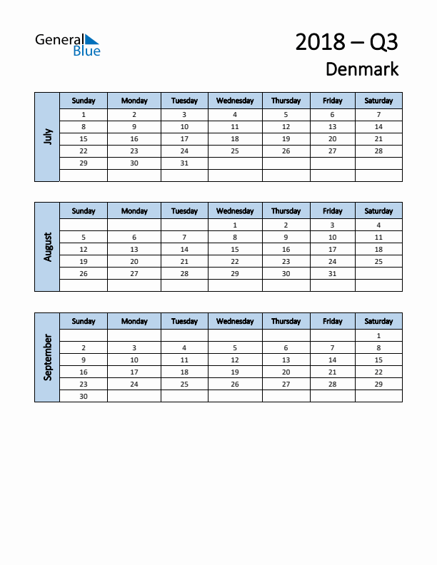 Free Q3 2018 Calendar for Denmark - Sunday Start