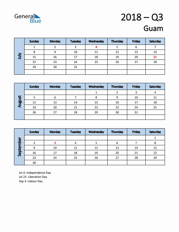 Free Q3 2018 Calendar for Guam - Sunday Start